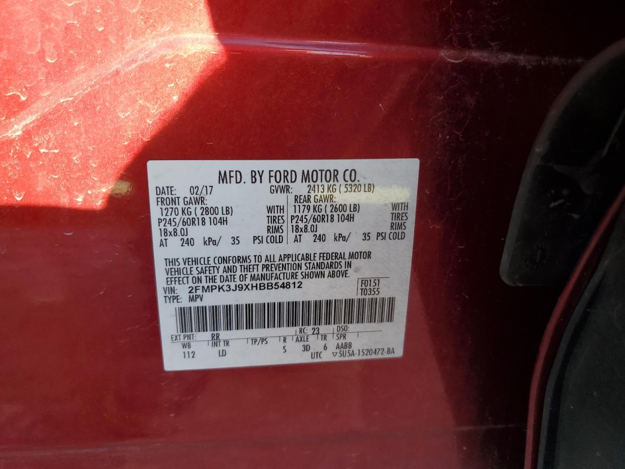 2017 Ford Edge VIN 2FMPK3J9XHBB54812 Copart auction photo, front end damage thumbnail 13