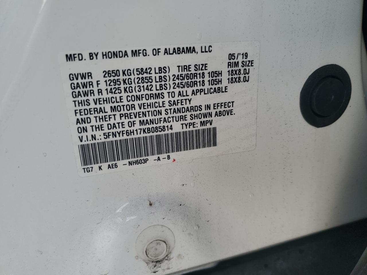 2019 Honda Pilot VIN 5FNYF6H17KB085814 Copart auction photo, front end / side damage thumbnail 15