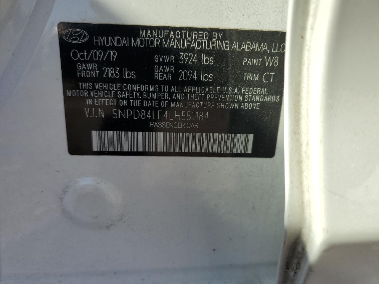 2020 Hyundai Elantra VIN 5NPD84LF4LH551184 Copart auction photo, side / front end damage thumbnail 14