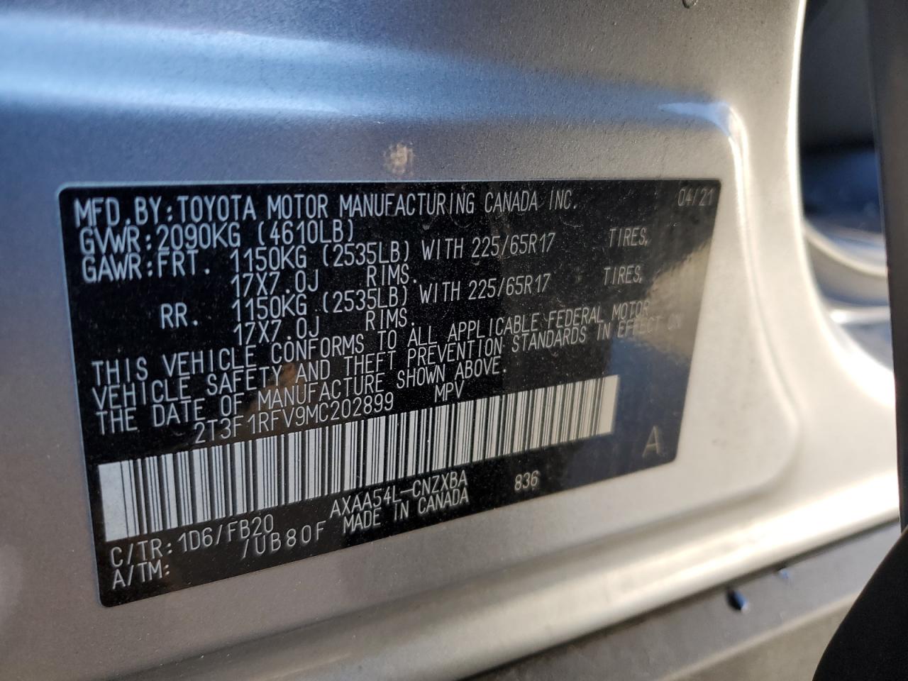 2021 Toyota RAV 4 VIN 2T3F1RFV9MC202899 Copart auction photo, side / rear end damage thumbnail 16