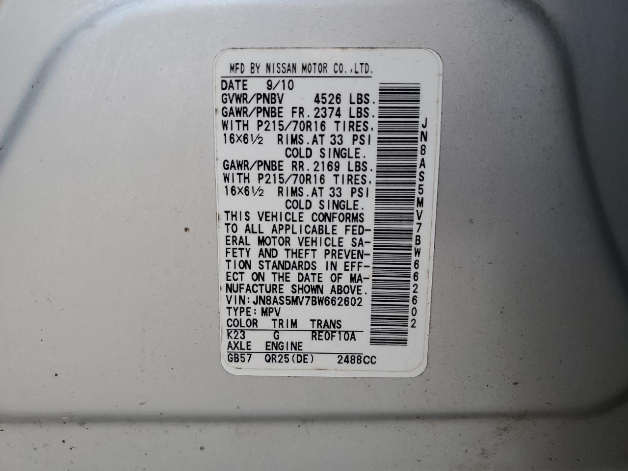 2011 Nissan Rogue VIN JN8AS5MV7BW662602 Copart auction photo, rear end / minor dent/scratches damage thumbnail 15
