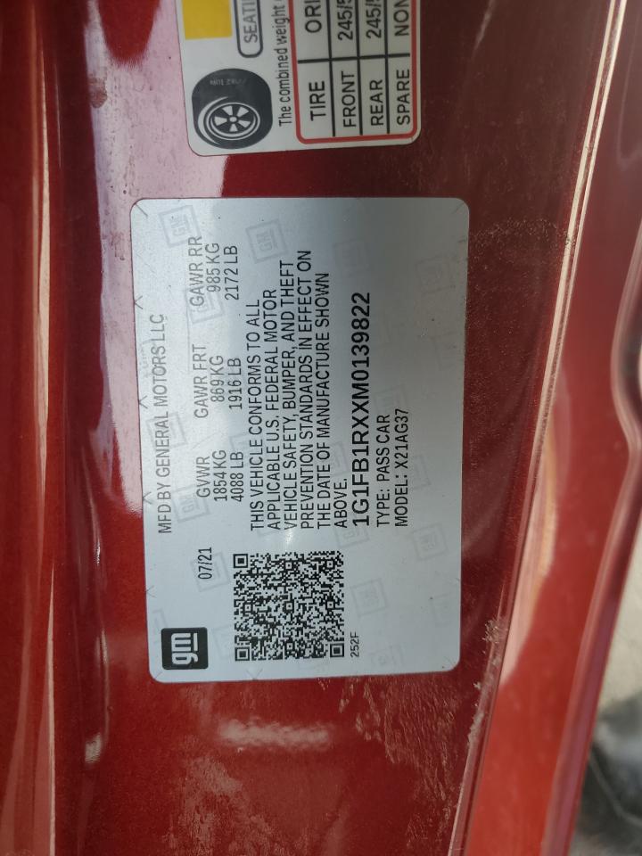 2021 Chevrolet Camaro VIN 1G1FB1RXXM0139822 Copart auction photo, front end / minor dent/scratches damage thumbnail 12
