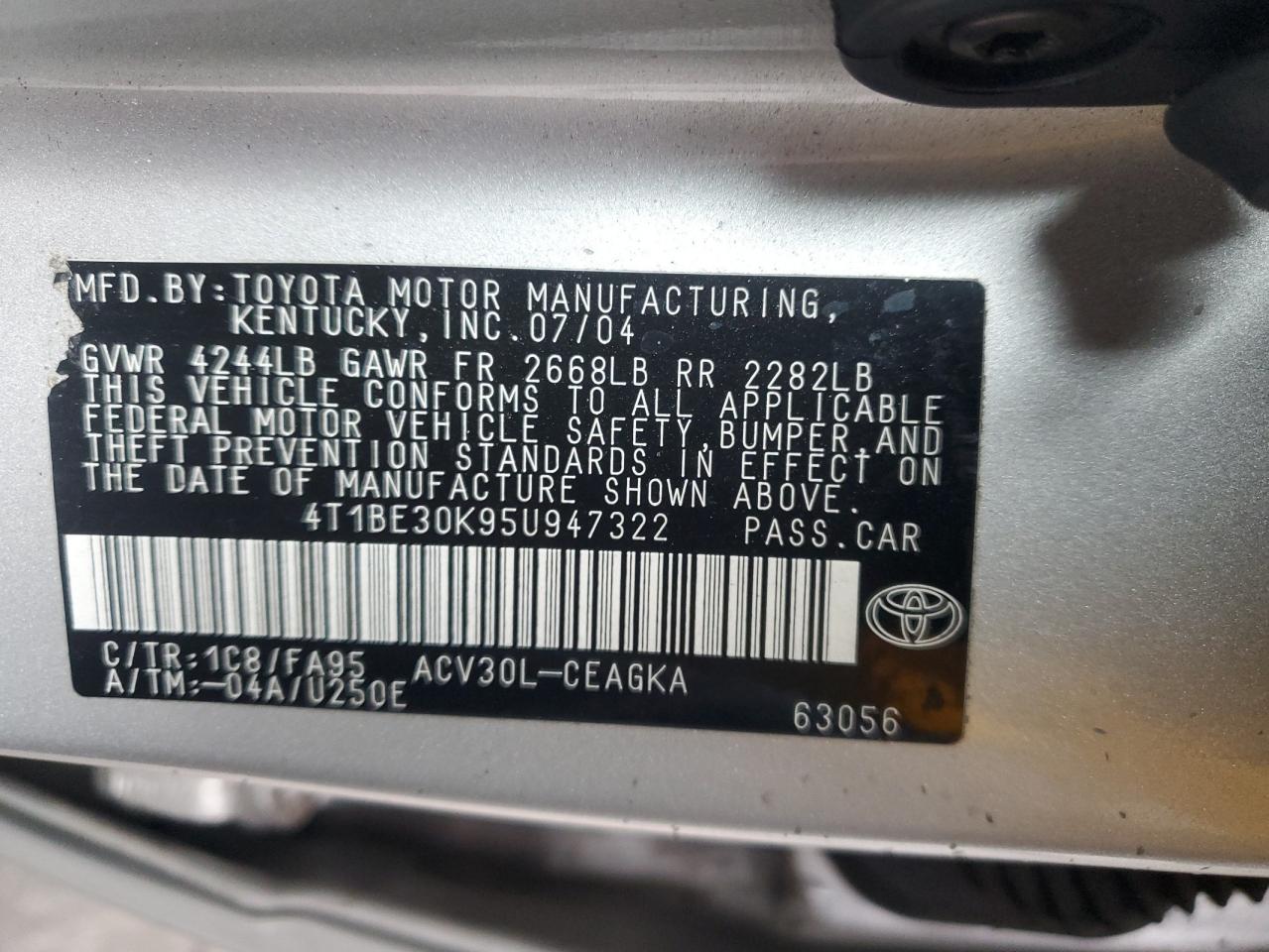 2005 Toyota Camry VIN 4T1BE30K95U947322 Copart auction photo, all over damage thumbnail 13