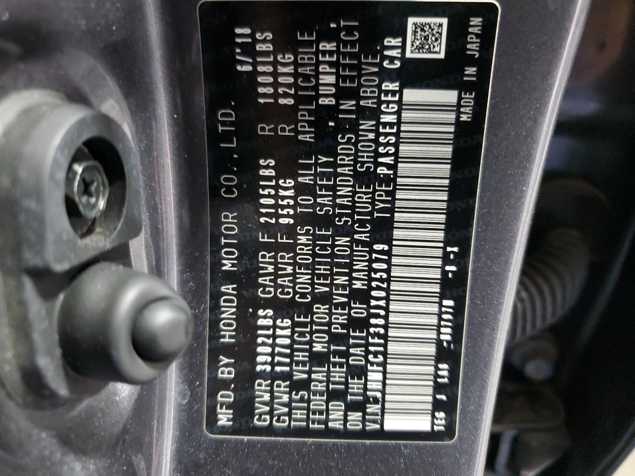 2018 Honda Civic VIN JHMFC1F38JX025079 Copart auction photo, front end / minor dent/scratches damage thumbnail 12