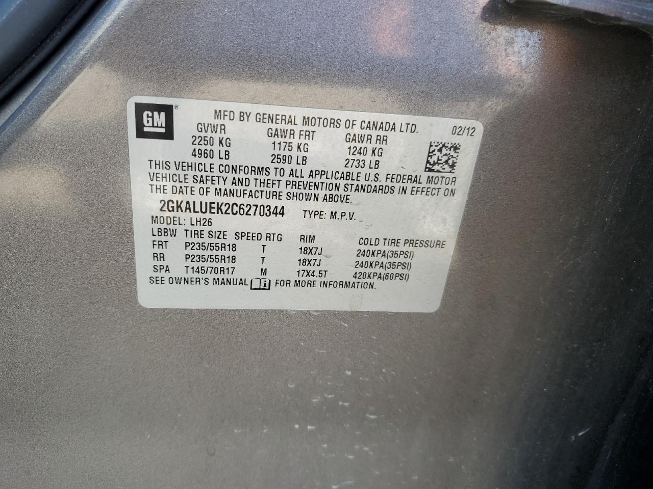 2012 GMC Terrain VIN 2GKALUEK2C6270344 Copart auction photo, front end damage thumbnail 15