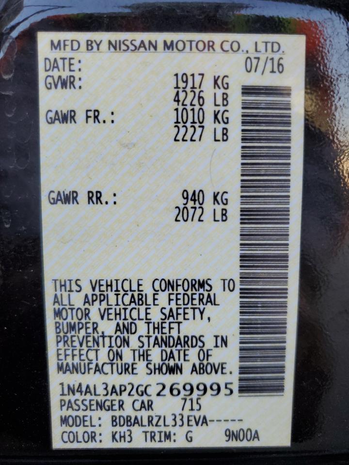 2016 Nissan Altima VIN 1N4AL3AP2GC269995 Copart auction photo, rear end / front end damage thumbnail 13