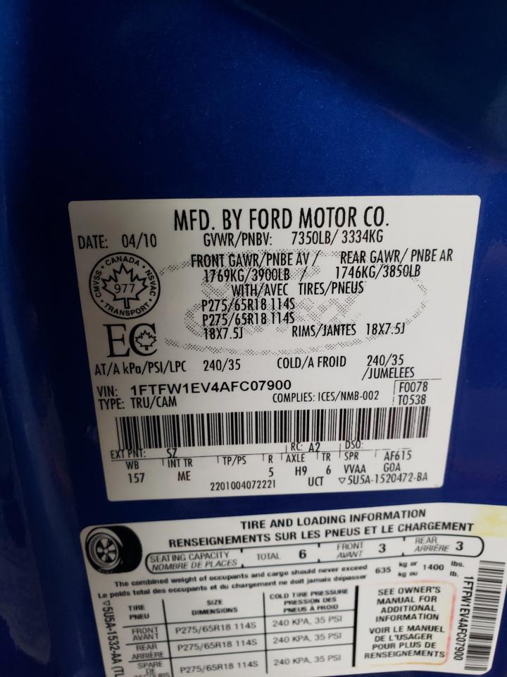 2010 Ford F-150 VIN 1FTFW1EV4AFC07900 Copart auction photo, rear end / side damage thumbnail 13