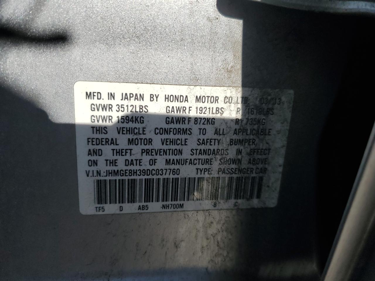2013 Honda Fit VIN JHMGE8H39DC037760 Copart auction photo, front end / side damage thumbnail 12