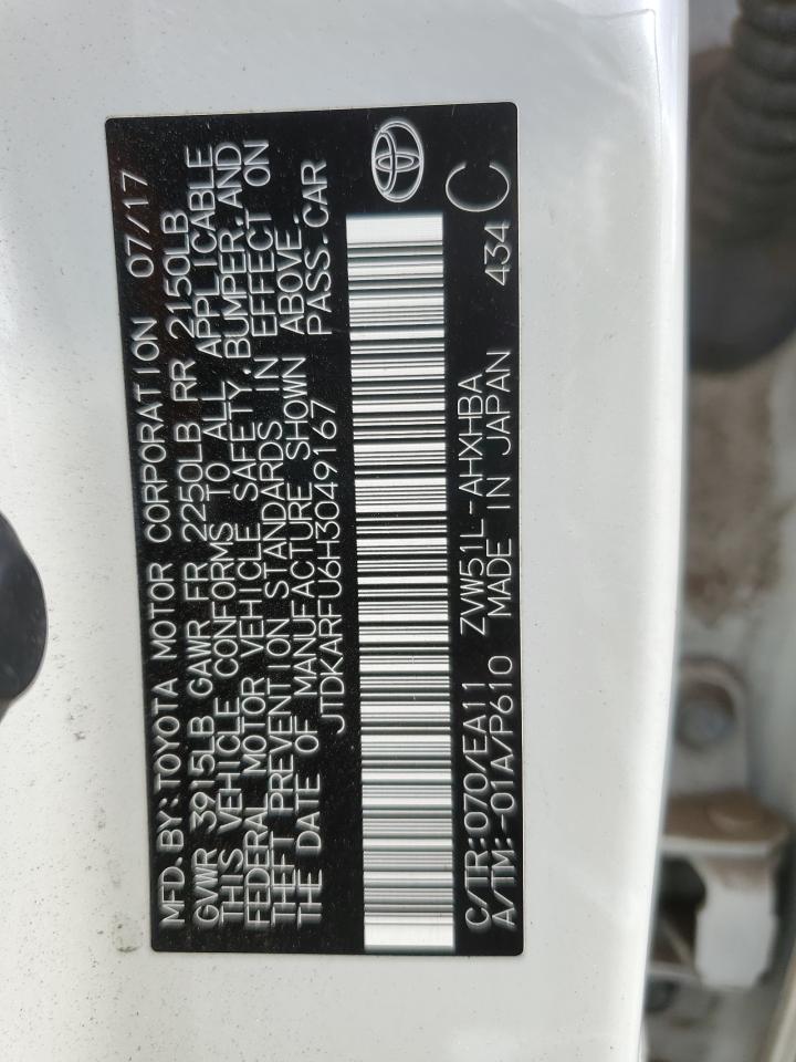2017 Toyota Prius VIN JTDKARFU6H3049167 Copart auction photo, vandalism damage thumbnail 12