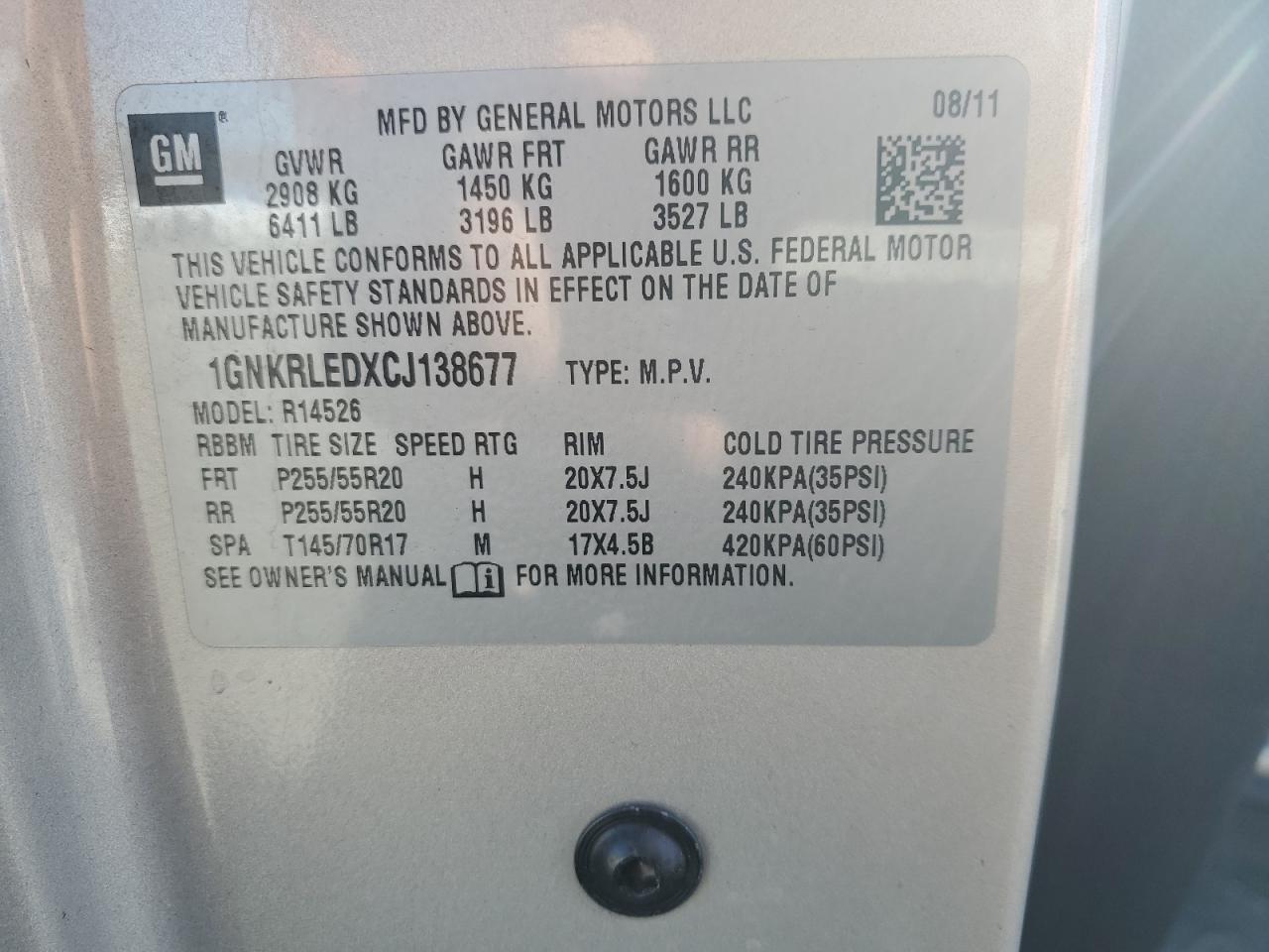 2012 Chevrolet Traverse VIN 1GNKRLEDXCJ138677 Copart auction photo, front end / side damage thumbnail 15