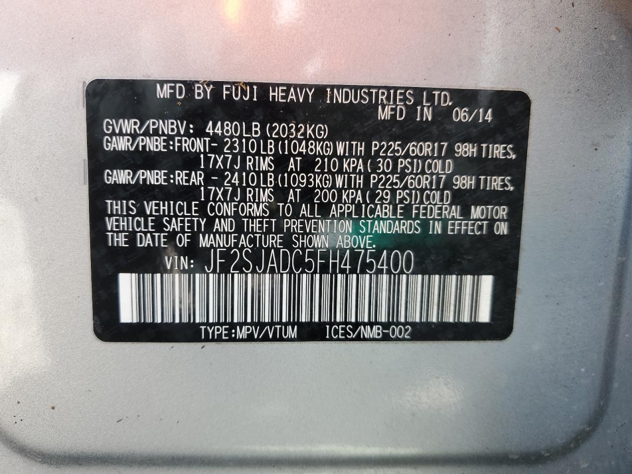 2015 Subaru Forester VIN JF2SJADC5FH475400 Copart auction photo, water/flood damage thumbnail 13