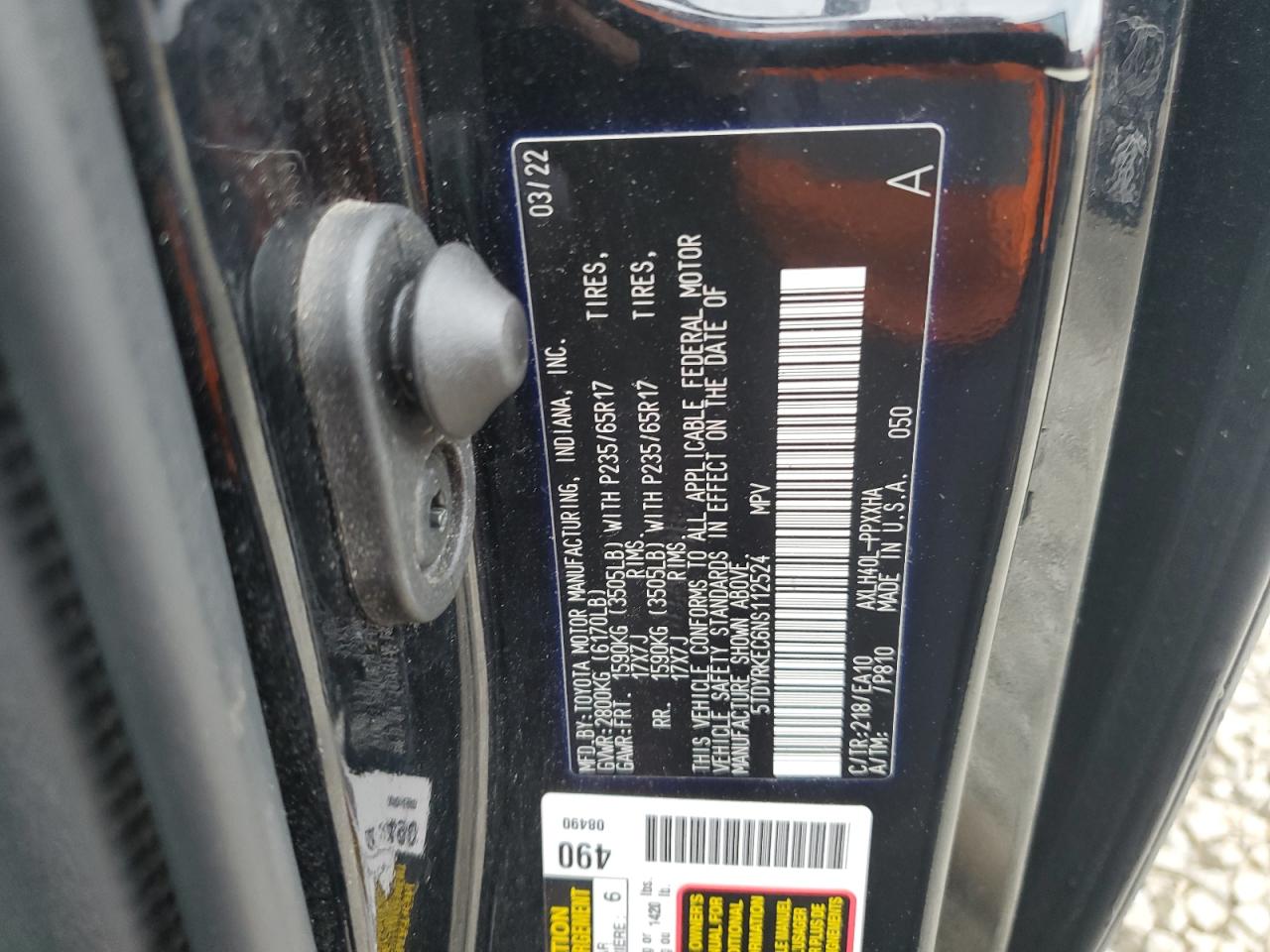 2022 Toyota Sienna VIN 5TDYRKEC6NS112524 Copart auction photo, side / rear end damage thumbnail 15
