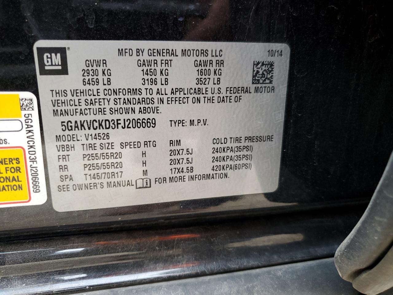 2015 Buick Enclave VIN 5GAKVCKD3FJ206669 Copart auction photo, front end damage thumbnail 13