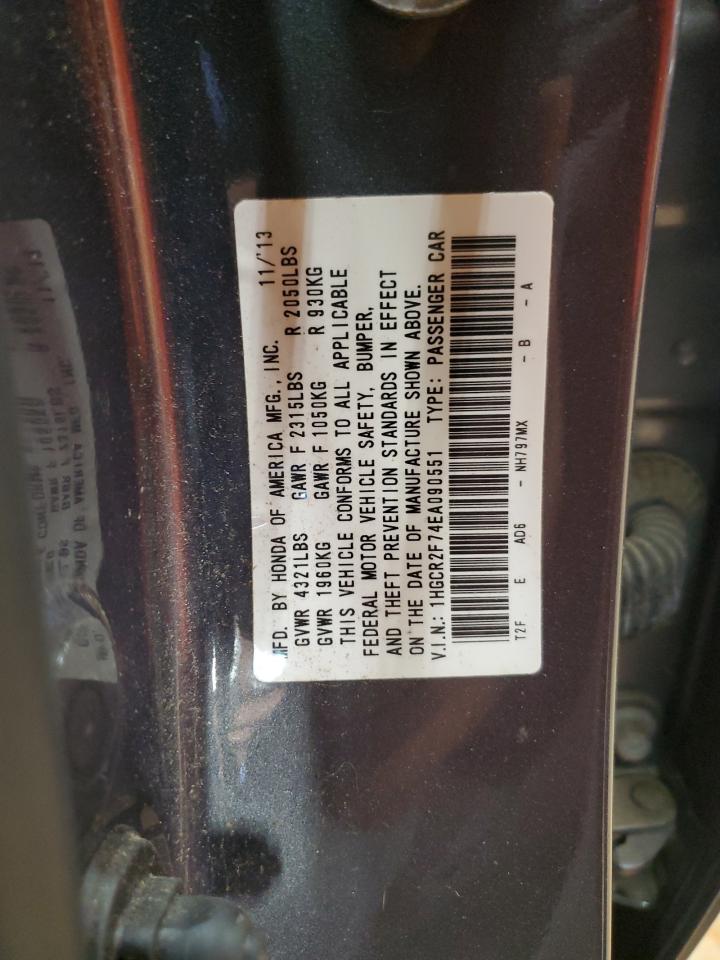 2014 Honda Accord VIN 1HGCR2F74EA090551 Copart auction photo, rear end damage thumbnail 12