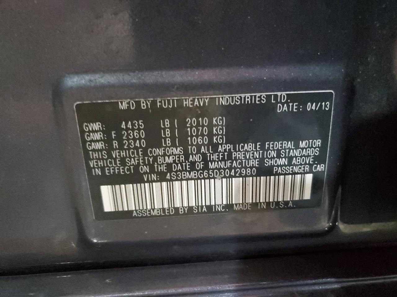 2013 Subaru Legacy VIN 4S3BMBG65D3042980 Copart auction photo, side damage thumbnail 12