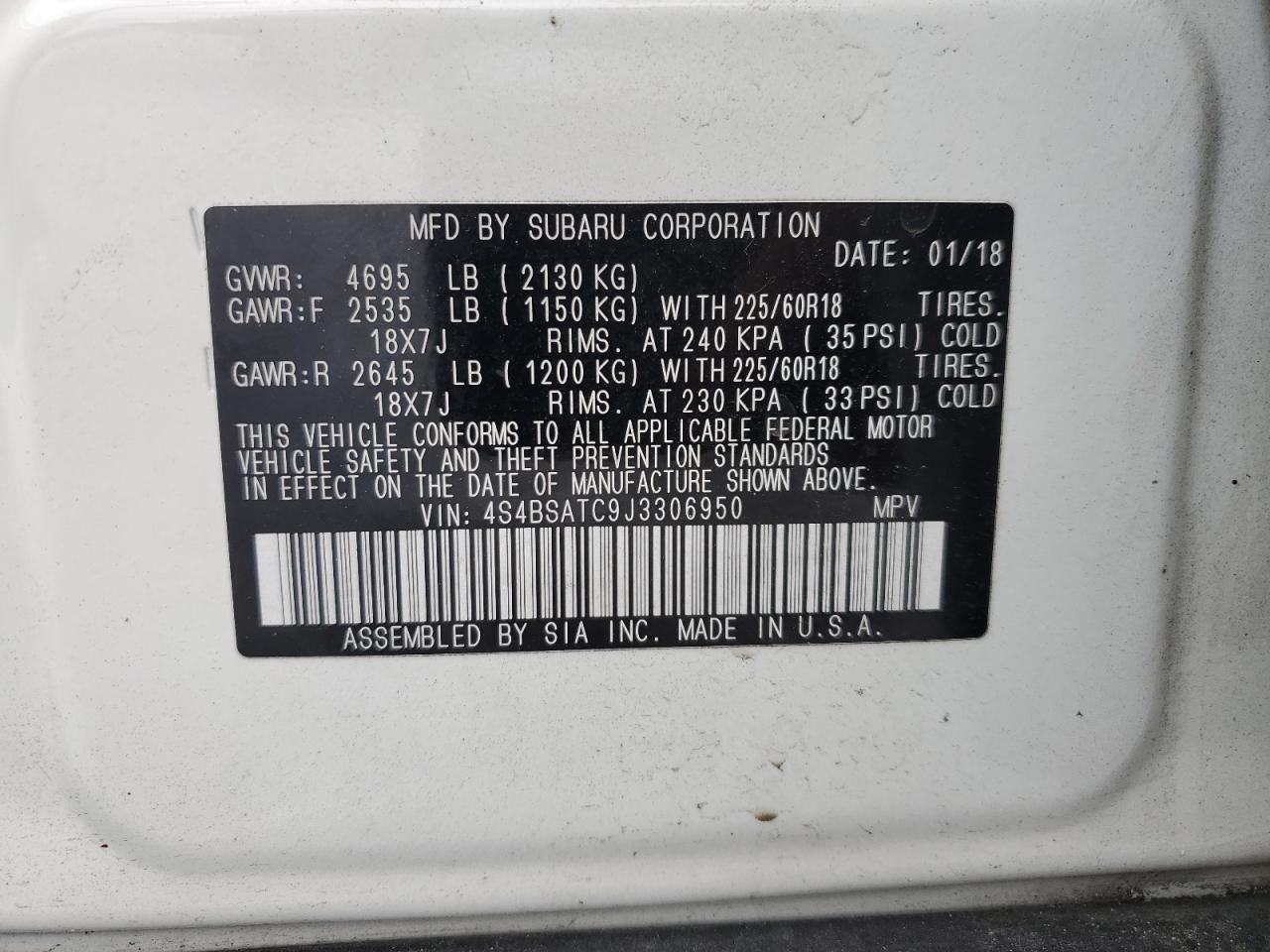 2018 Subaru Outback VIN 4S4BSATC9J3306950 Copart auction photo, all over damage thumbnail 13