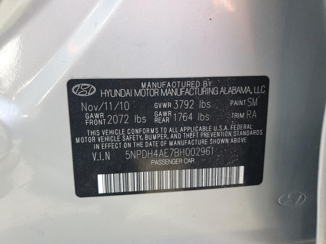 2011 Hyundai Elantra VIN 5NPDH4AE7BH002961 Copart auction photo, front end / rear end damage thumbnail 12