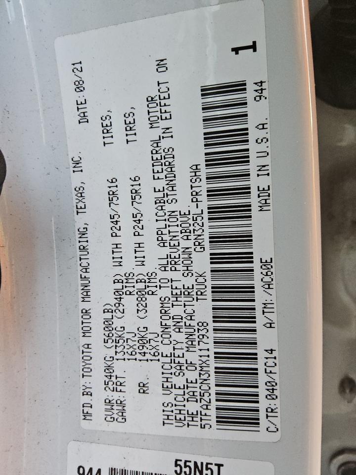 2021 Toyota Tacoma VIN 5TFAZ5CN3MX117938 Copart auction photo, front end / side damage thumbnail 13