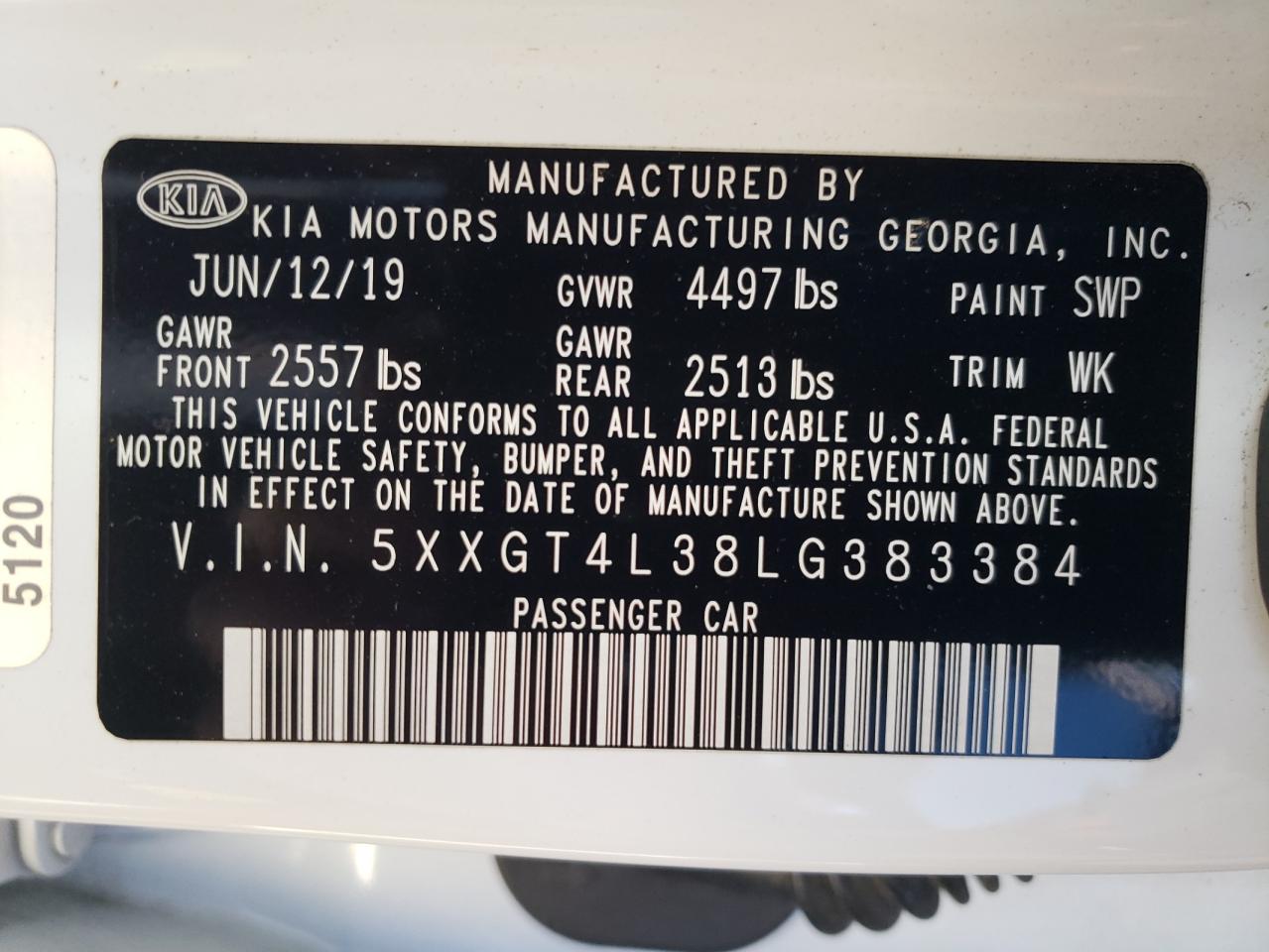 2020 KIA Optima VIN 5XXGT4L38LG383384 Copart auction photo, front end / minor dent/scratches damage thumbnail 13