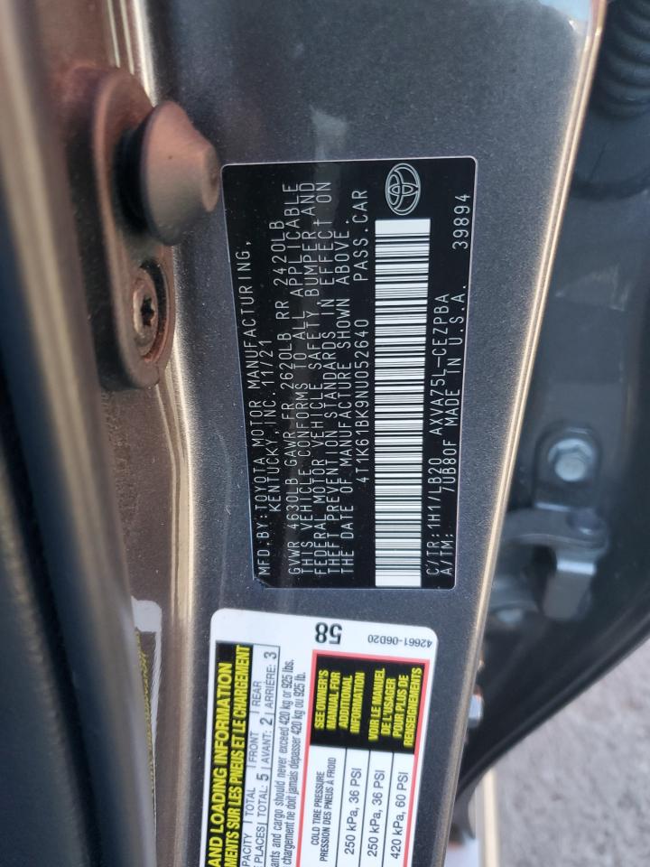 2022 Toyota Camry VIN 4T1K61BK9NU052640 Copart auction photo, front end damage thumbnail 12
