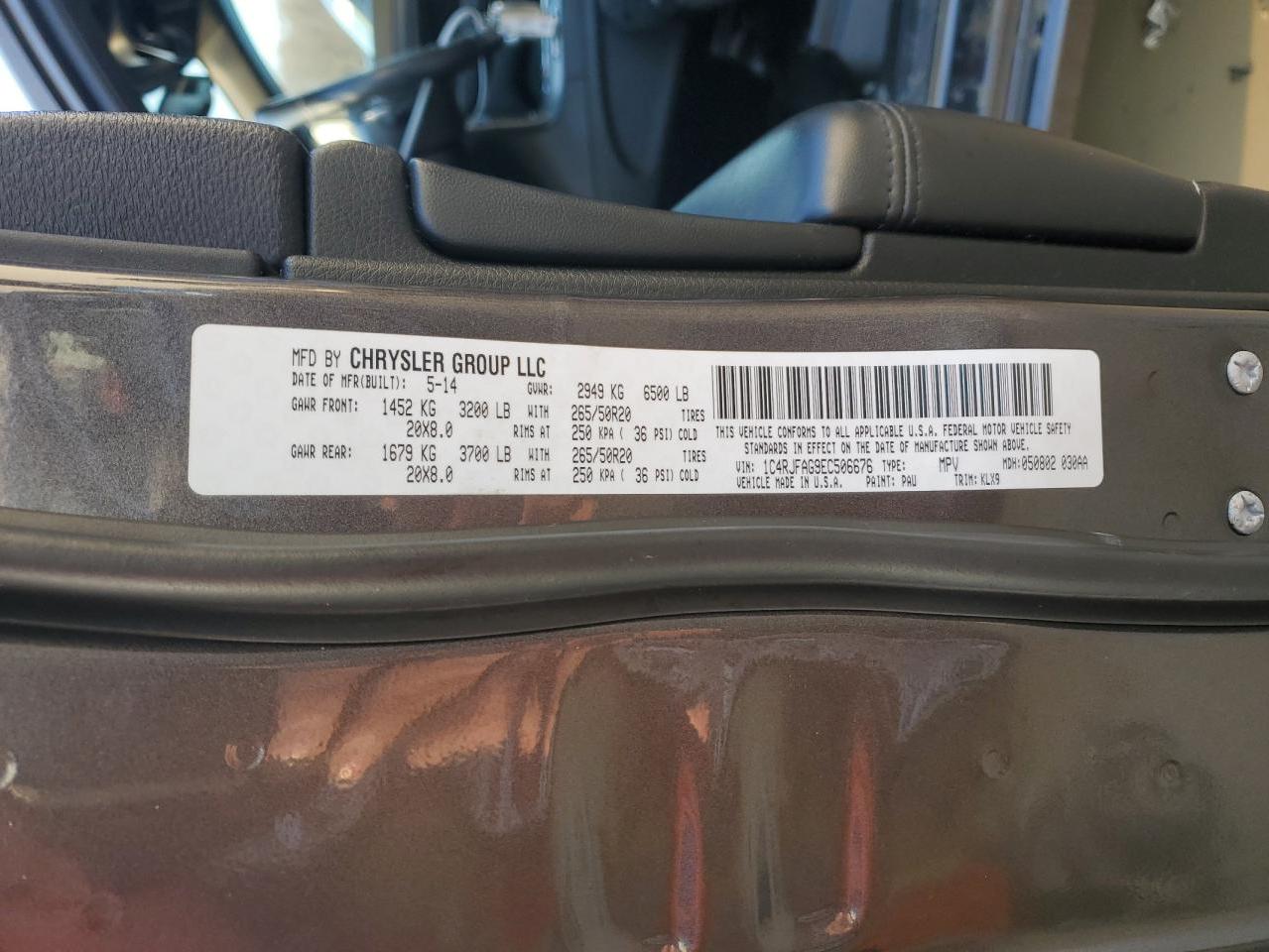 2014 Jeep Grand Cherokee VIN 1C4RJFAG9EC506676 Copart auction photo, front end damage thumbnail 13
