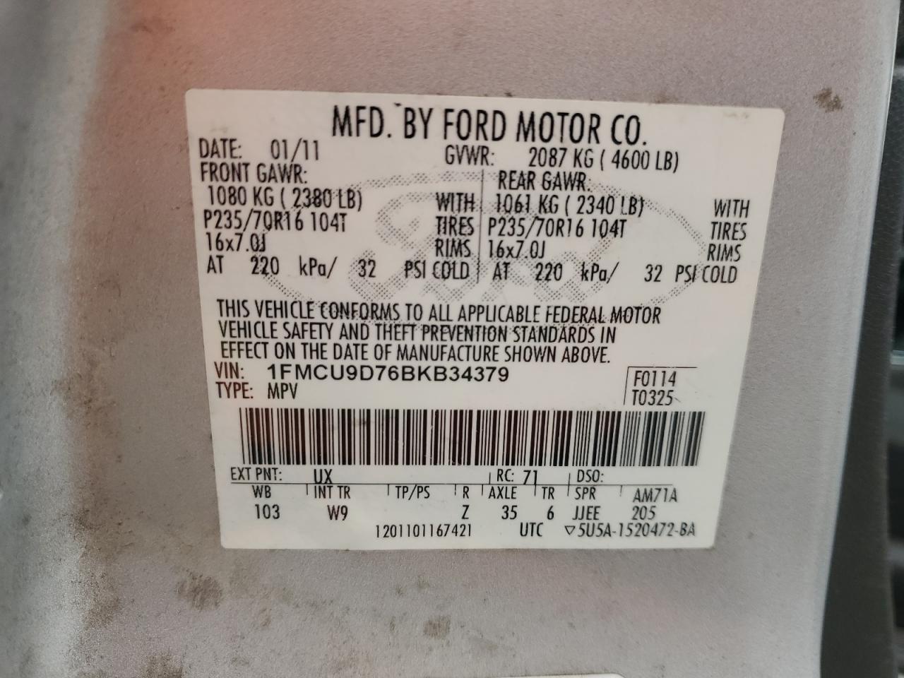 2011 Ford Escape VIN 1FMCU9D76BKB34379 Copart auction photo, front end / minor dent/scratches damage thumbnail 13