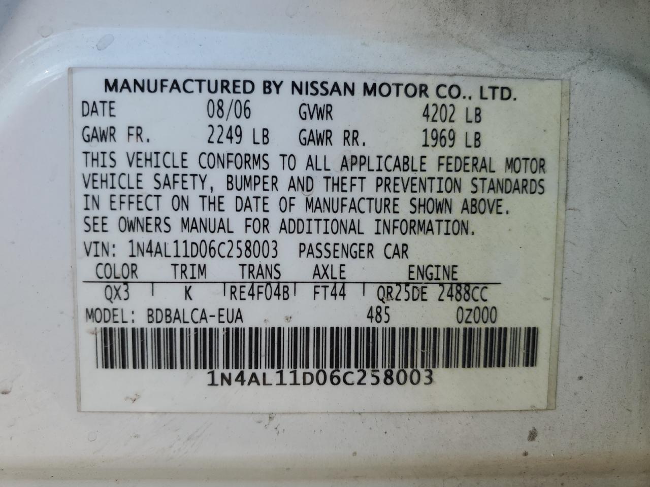 2006 Nissan Altima VIN 1N4AL11D06C258003 Copart auction photo, rear end damage thumbnail 15