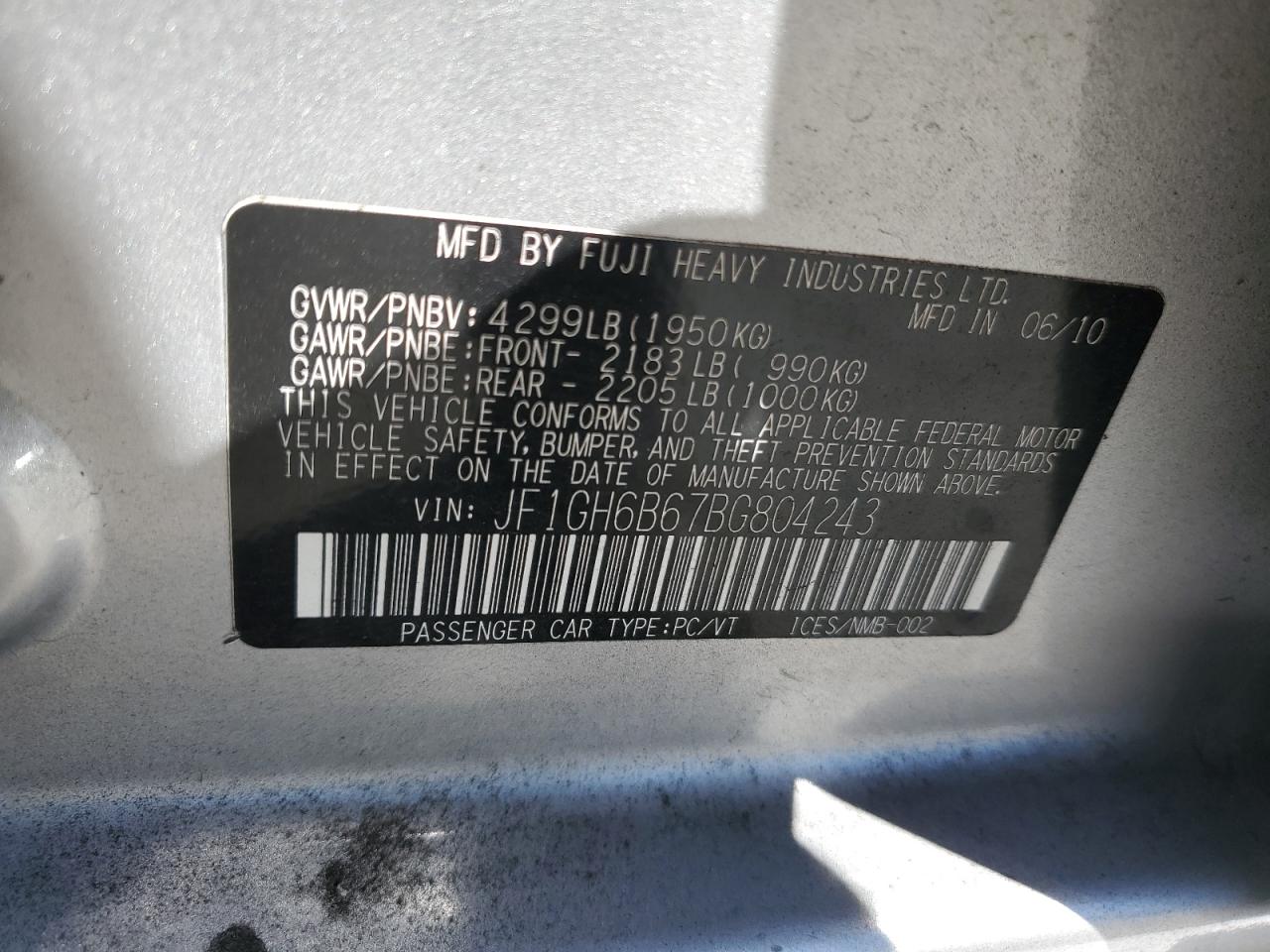 2011 Subaru Impreza VIN JF1GH6B67BG804243 Copart auction photo, front end / side damage thumbnail 14