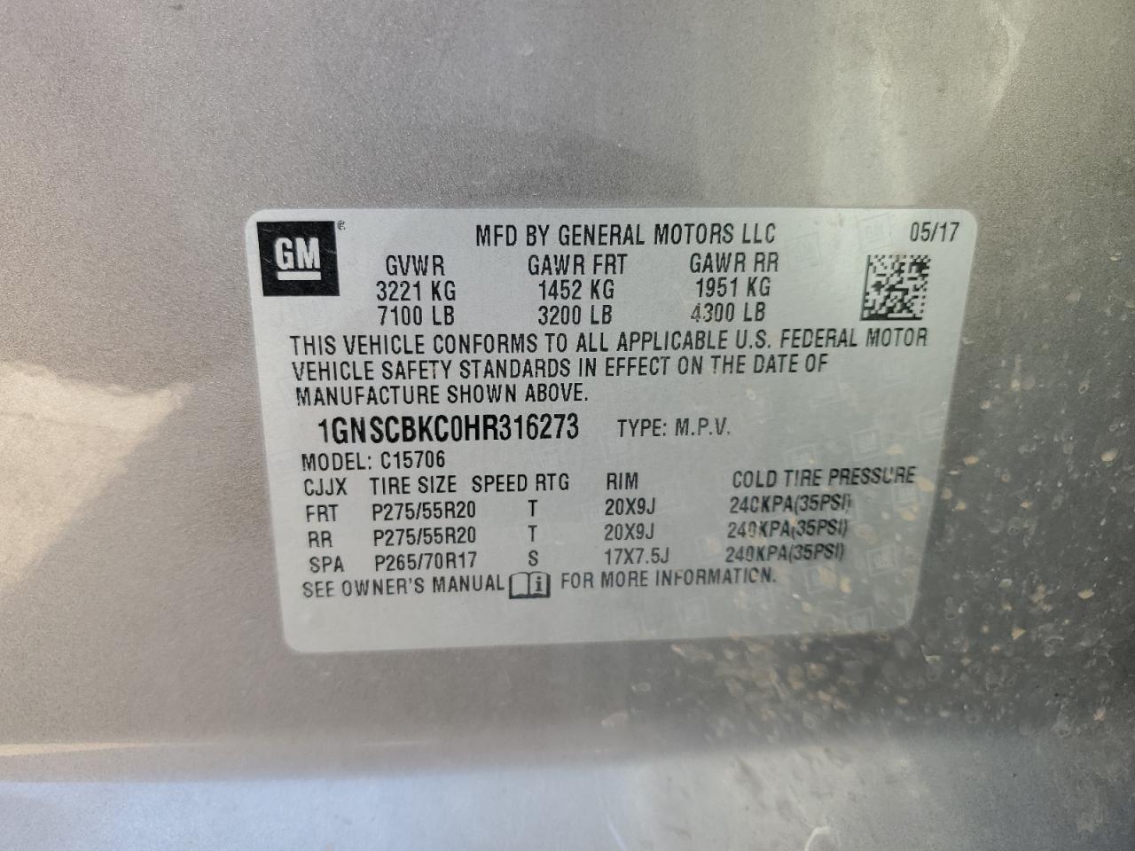 2017 Chevrolet Tahoe VIN 1GNSCBKC0HR316273 Copart auction photo, front end / minor dent/scratches damage thumbnail 15