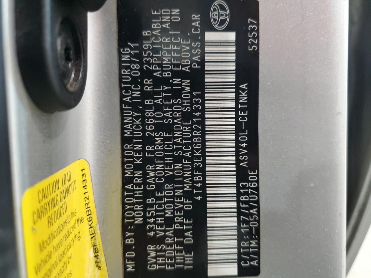 2011 Toyota Camry VIN 4T4BF3EK6BR214331 Copart auction photo, rear end damage thumbnail 12