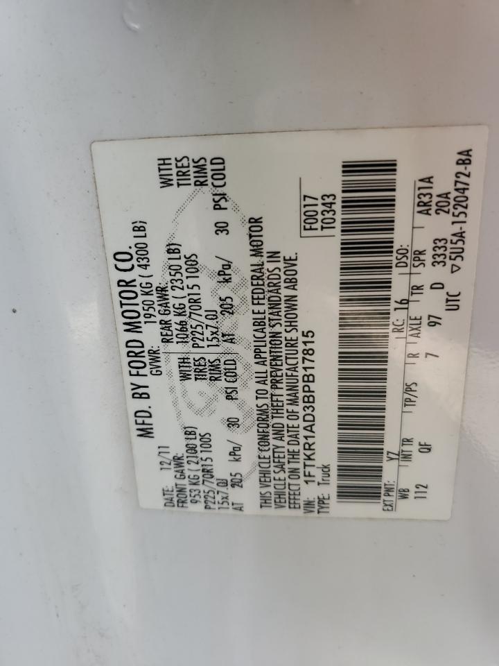 2011 Ford Ranger VIN 1FTKR1AD3BPB17815 Copart auction photo, all over damage thumbnail 14