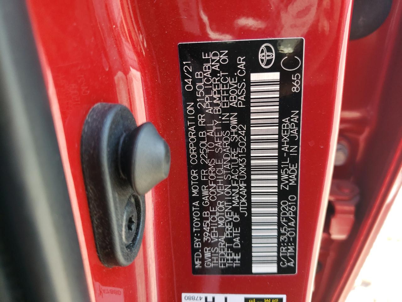 2021 Toyota Prius VIN JTDKAMFUXM3150242 Copart auction photo, front end / side damage thumbnail 12