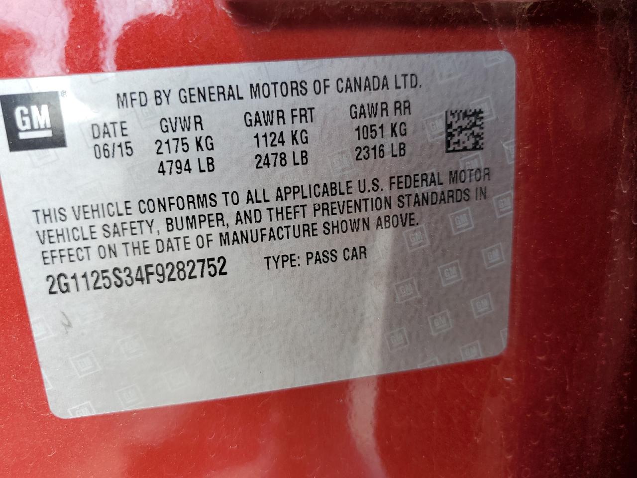2015 Chevrolet Impala VIN 2G1125S34F9282752 Copart auction photo, front end damage thumbnail 14