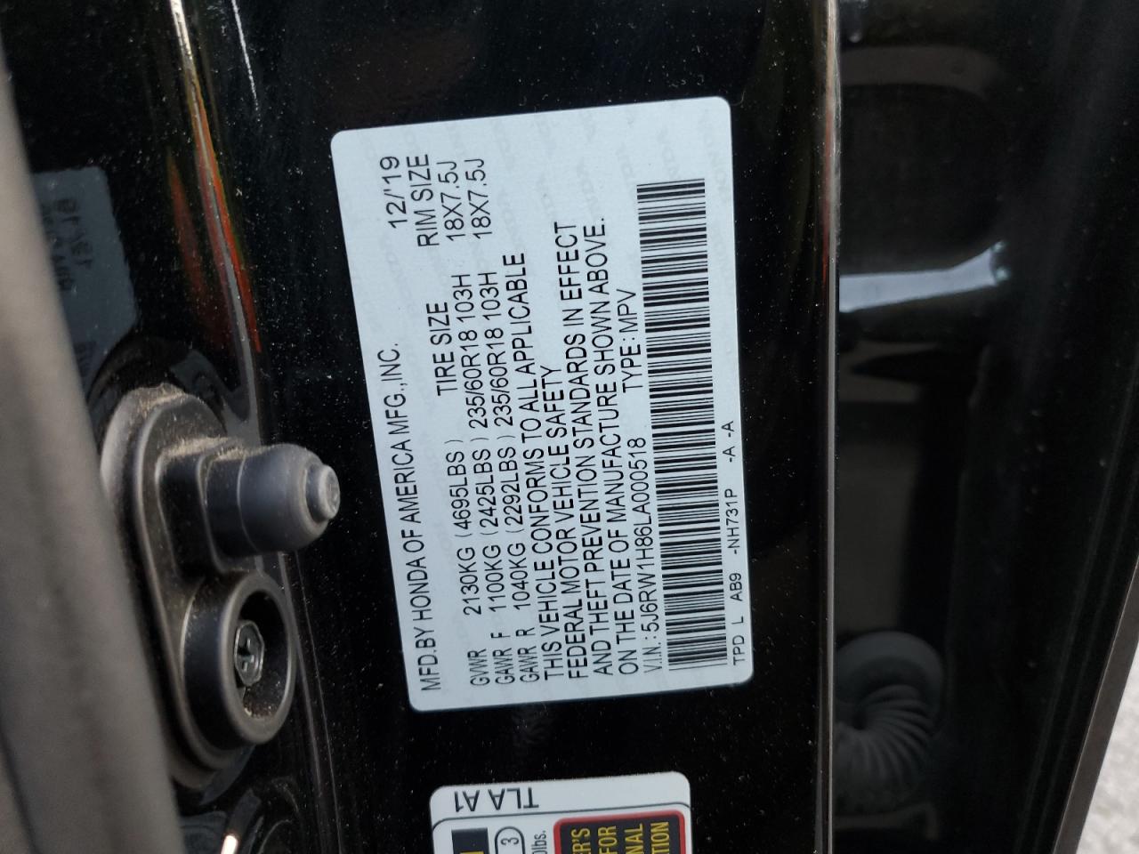 2020 Honda CR-V VIN 5J6RW1H86LA000518 Copart auction photo, rear end damage thumbnail 14