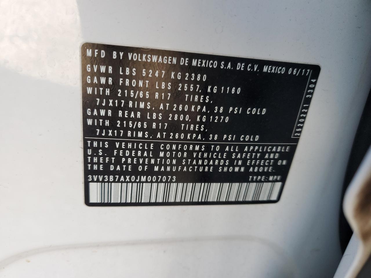 2018 Volkswagen Tiguan VIN 3VV3B7AX0JM007073 Copart auction photo, front end / side damage thumbnail 16