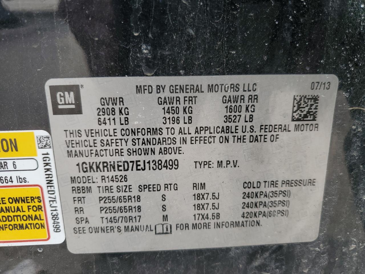 2014 GMC Acadia VIN 1GKKRNED7EJ138499 Copart auction photo, front end damage thumbnail 13