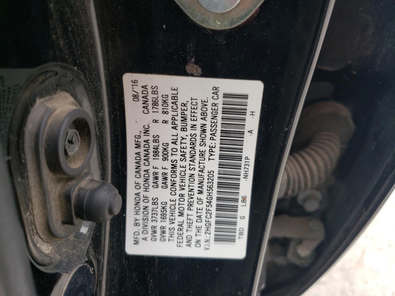 2016 Honda Civic VIN 2HGFC2F54GH563205 Copart auction photo, front end damage thumbnail 14