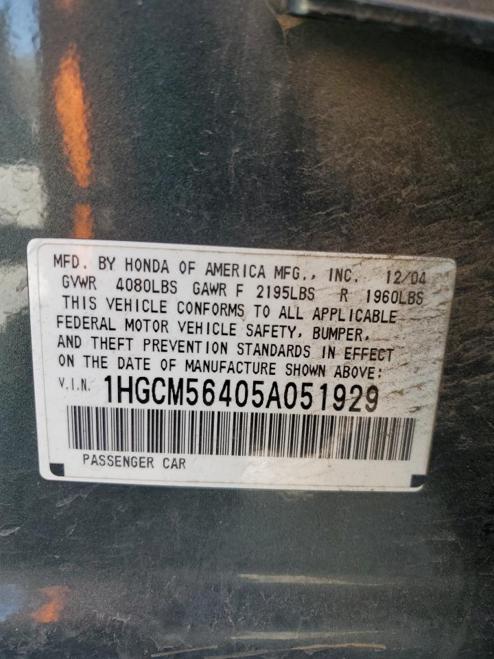 2005 Honda Accord VIN 1HGCM56405A051929 Copart auction photo, front end / minor dent/scratches damage thumbnail 13