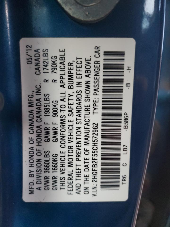 2012 Honda Civic VIN 2HGFB2F55CH572962 Copart auction photo, front end / rear end damage thumbnail 12