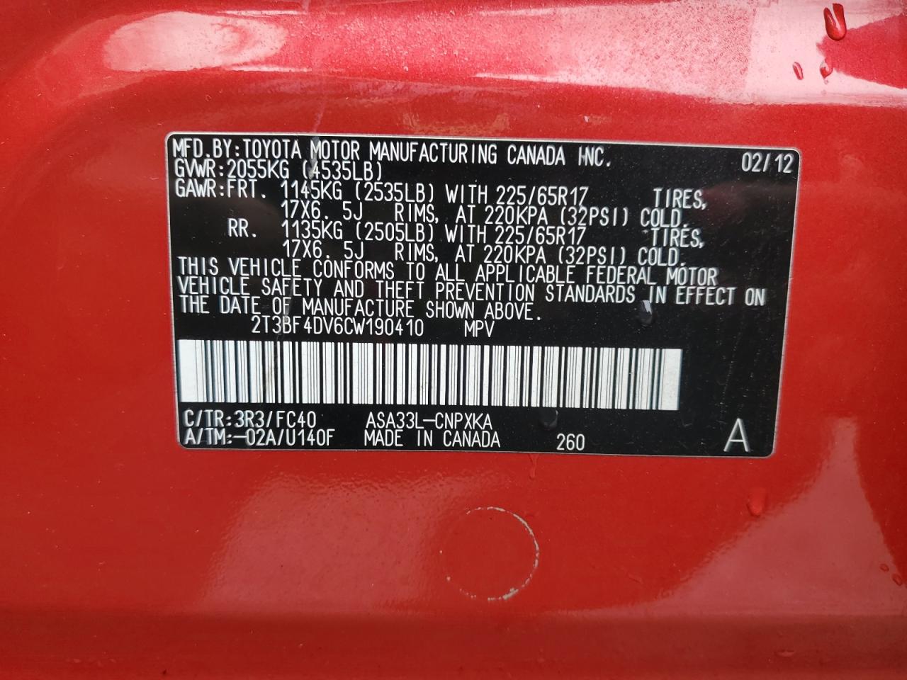 2012 Toyota RAV 4 VIN 2T3BF4DV6CW190410 Copart auction photo, front end / mechanical damage thumbnail 15