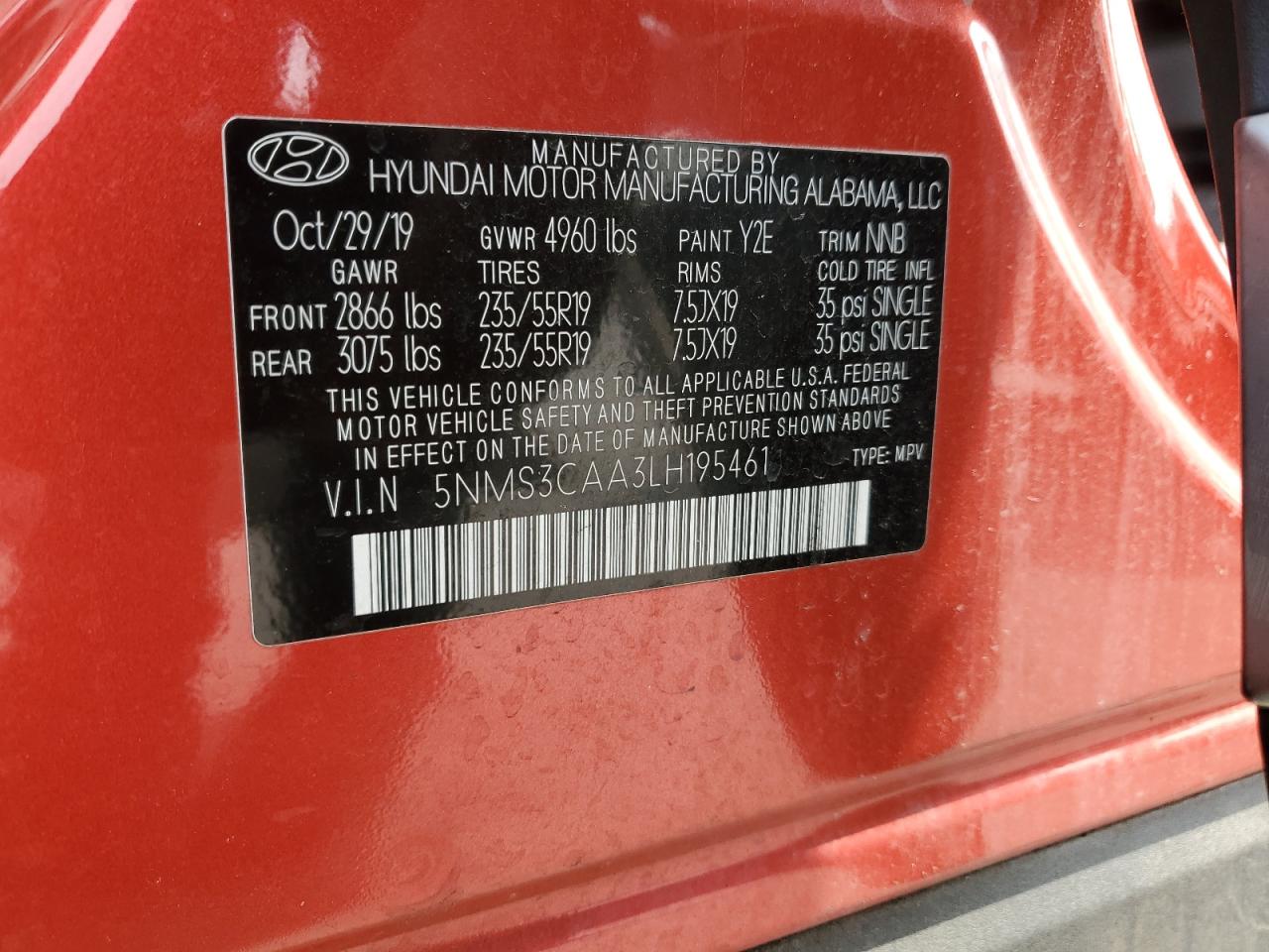 2020 Hyundai Santa Fe VIN 5NMS3CAA3LH195461 Copart auction photo, front end damage thumbnail 13