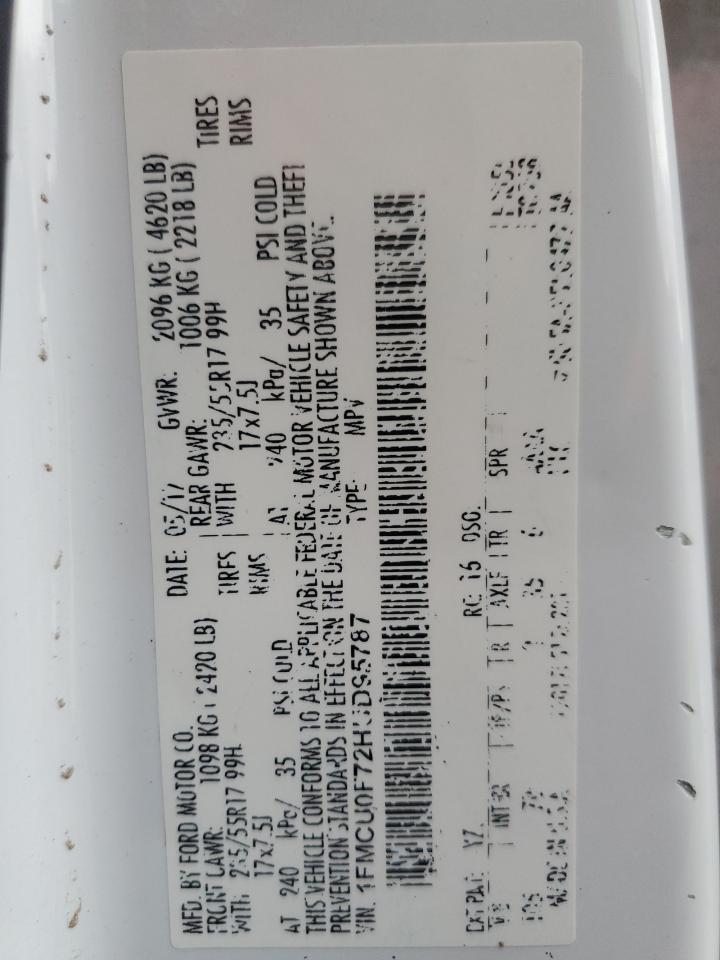 2017 Ford Escape VIN 1FMCU0F72HUD95787 Copart auction photo, front end / side damage thumbnail 12