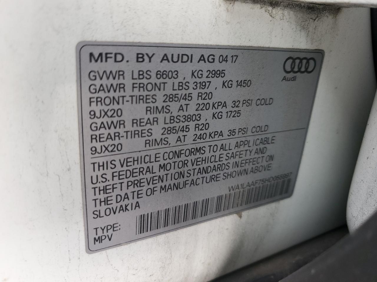 2017 Audi Q7 VIN WA1LAAF75HD055997 Copart auction photo, rear end damage thumbnail 13