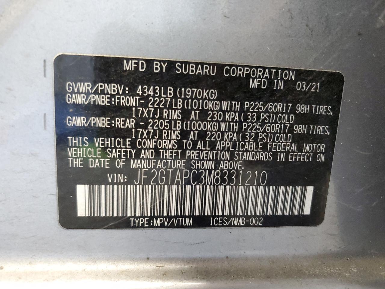 2021 Subaru XV VIN JF2GTAPC3M8331210 Copart auction photo, front end damage thumbnail 14