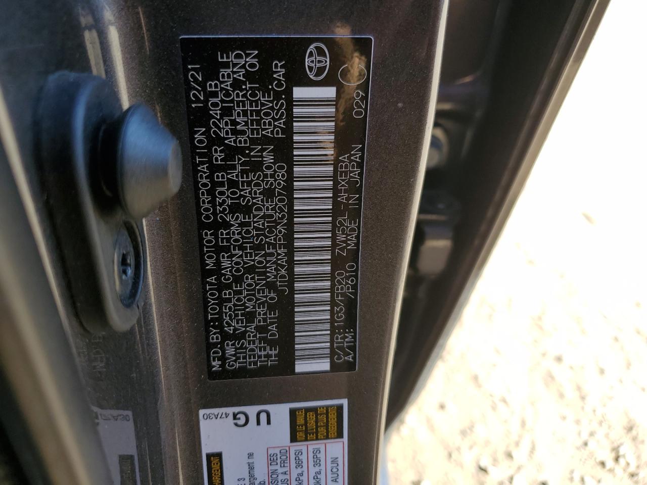 2022 Toyota Prius VIN JTDKAMFP9N3207980 Copart auction photo, front end damage thumbnail 14