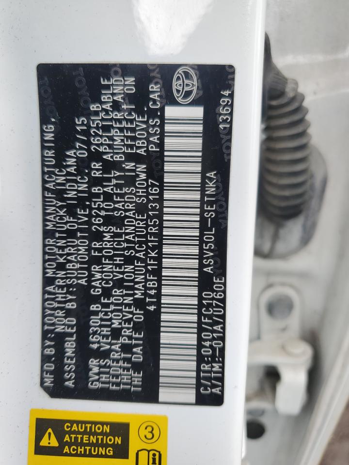 2015 Toyota Camry VIN 4T4BF1FK1FR513167 Copart auction photo, all over damage thumbnail 12