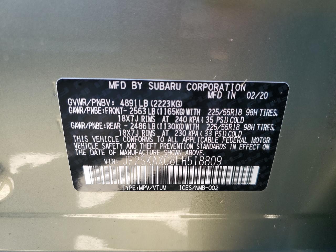 2020 Subaru Forester VIN JF2SKAXC8LH518809 Copart auction photo, water/flood damage thumbnail 14