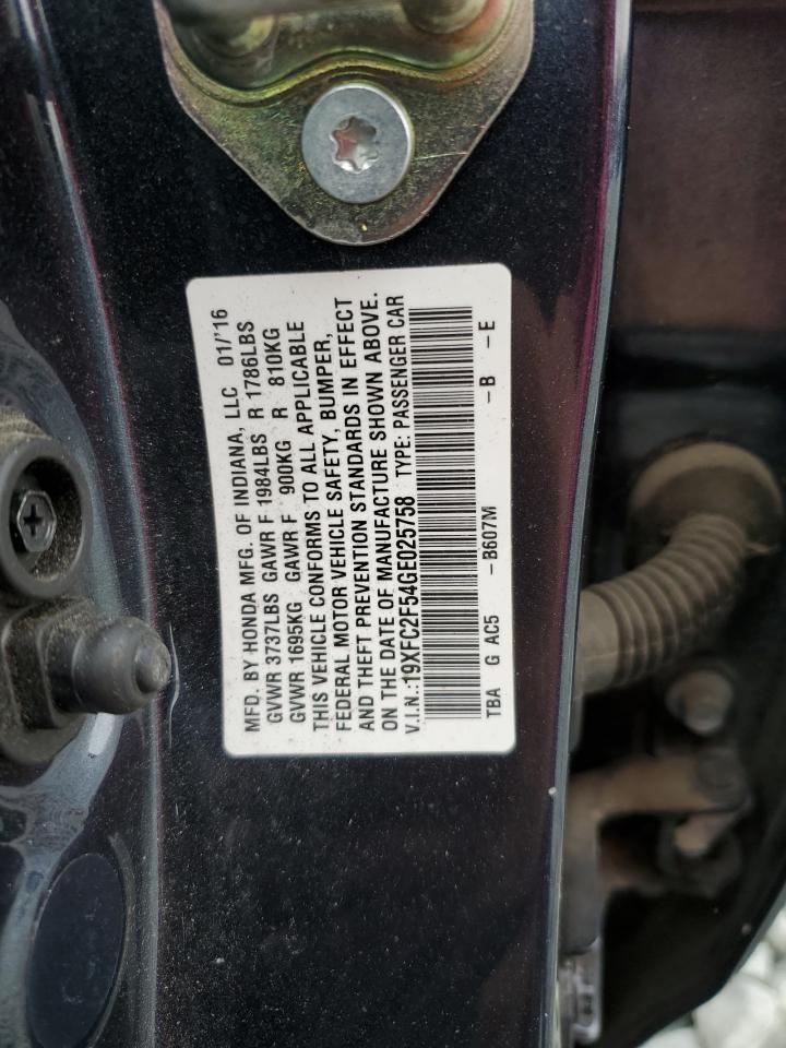2016 Honda Civic VIN 19XFC2F54GE025758 Copart auction photo, front end damage thumbnail 12