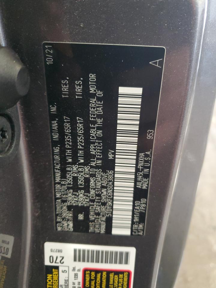 2022 Toyota Sienna VIN 5TDYSKFC6NS043806 Copart auction photo, rear end damage thumbnail 13