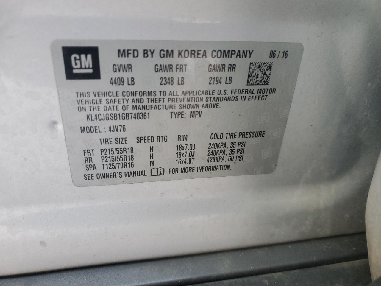 2016 Buick Encore VIN KL4CJGSB1GB740361 Copart auction photo, front end damage thumbnail 15